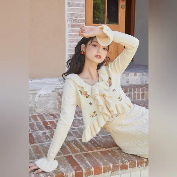 Lacemade Liz Lisa 🌸Gunne Sax Prairie Style Y2K Floral Ruffle Cardigan/Sweater🤍 - Picture 8 of 14